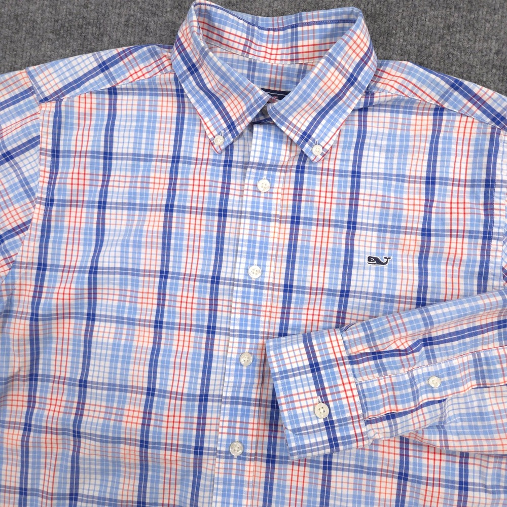 Vineyard Vines Shirt Mens M Blue Red Plaid Slim Fit Whale Long Sleeve Preppy